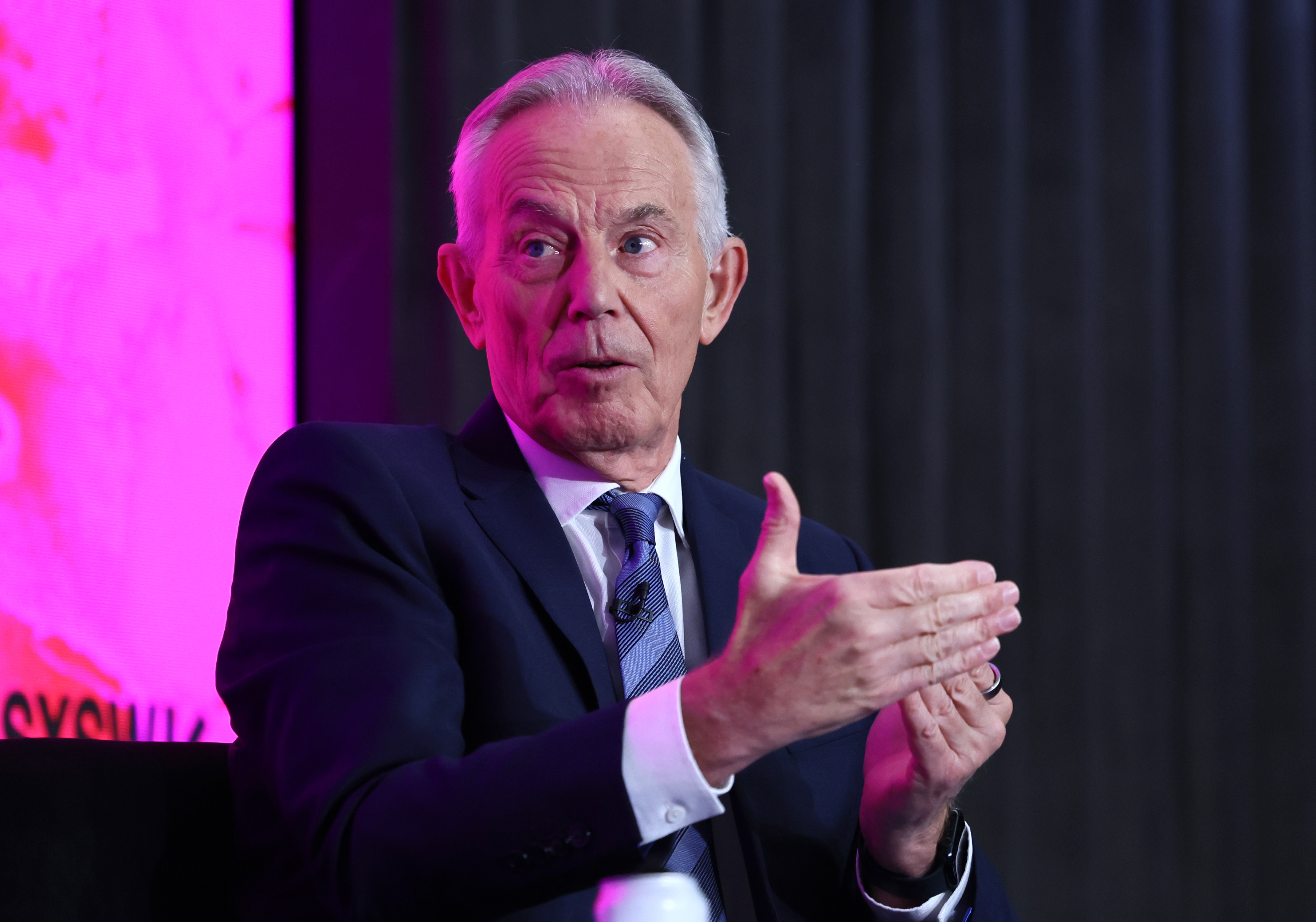 Tony Blair speaks onstage during the "Government & AI" panel discussion on day one of SXSW London 2025 in June.